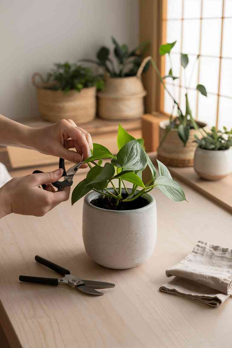 A close-up shot of hands gently pruning a pothos plant in a Japandi bedroom setting. The plant is in a simple white ceramic pot on a wooden surface. Pruning shears and a soft cloth are visible nearby, indicating the dual tasks of pruning and cleaning. In the background, other well-maintained plants are visible, showcasing the overall clean and tidy aesthetic of the Japandi style.