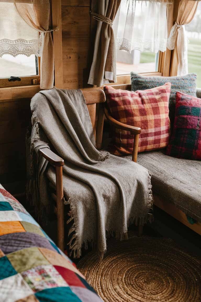 A close-up shot of various rustic textiles in a tiny house setting. A wool throw draped over a chair, flannel cushions on a sofa, a woven area rug on the floor, and a glimpse of burlap curtains or lace valances on a window. Include a corner of a bed with a colorful patchwork quilt.