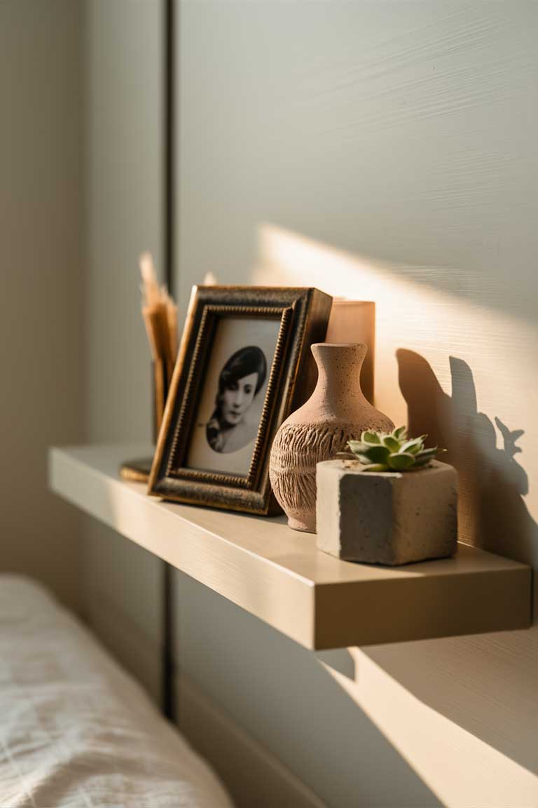 A detailed view of a narrow floating shelf above a bed, displaying a carefully curated collection of personal items. These include a small framed photograph, a unique ceramic piece, and a tiny potted succulent. The items are spaced out, allowing each piece to breathe and contribute to the overall aesthetic.