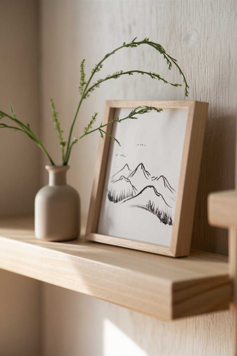 A detailed shot of a pale wood floating shelf holding a small, framed ink drawing of a mountain landscape. The drawing is simple and elegant, with just a few brushstrokes suggesting the contours of the mountains. A small ceramic vase with a single stem of leaves sits next to the frame.