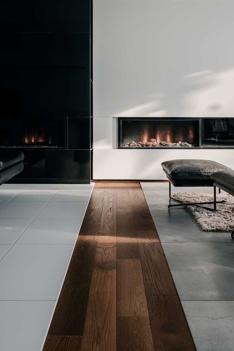 A close-up view of three different flooring options side by side in a minimalist setting. High-gloss white tiles, matte black hardwood, and large-format gray concrete tiles.