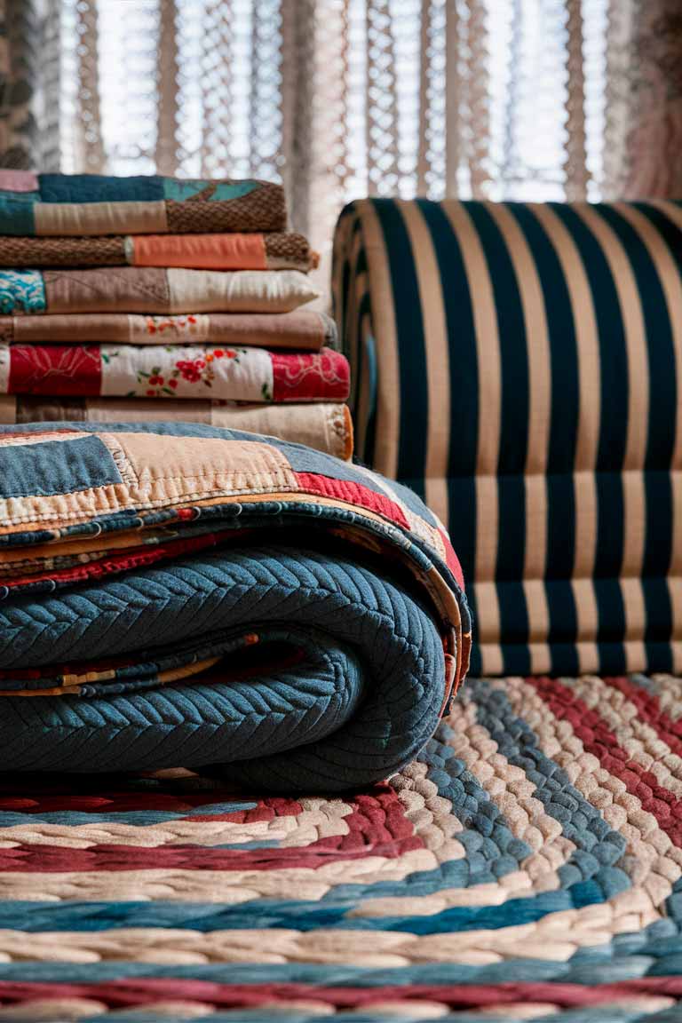 A close-up view of various colonial-style textiles. In the foreground, a braided rug in muted blues, reds, and creams. Behind it, a stack of folded quilts with patchwork and floral patterns. To the side, a swatch of striped upholstery fabric in deep blue and cream. In the background, lace curtains filter soft light through a window.