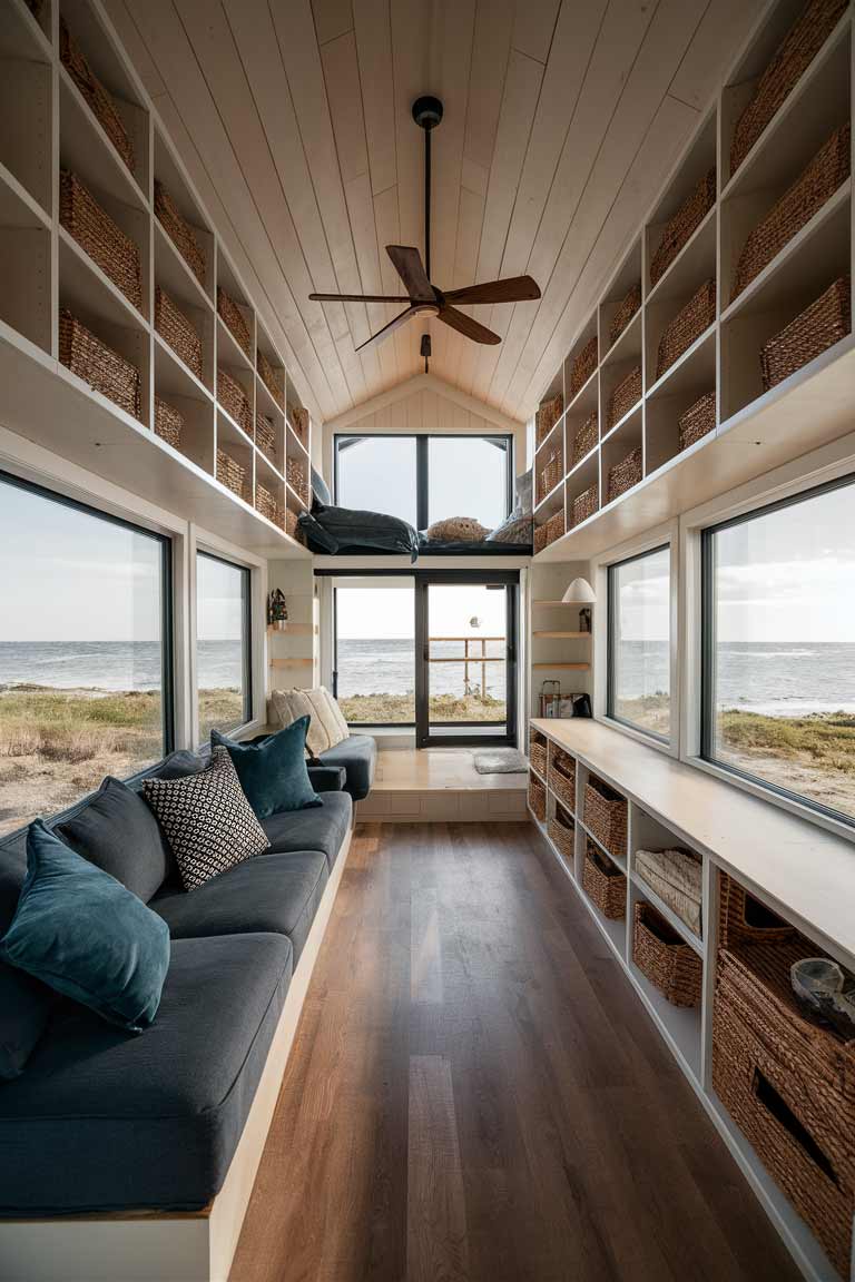 A tiny house interior with floor-to-ceiling shelving units lining the walls, providing ample storage while preserving the open feel of the space.