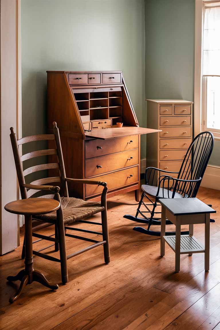 A collection of colonial-style furniture pieces suitable for a small space. In the foreground, a ladder-back chair with a rush seat next to a small, round pedestal table. Behind them, a narrow secretary desk with a slant-front lid open to reveal small drawers and cubbies. To the side, a Windsor rocking chair and a small Shaker-style side table. In the background, a slim highboy chest of drawers.