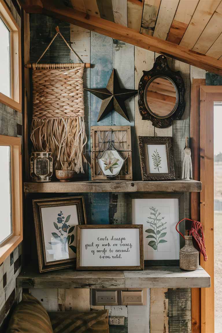 A collection of rustic accent pieces arranged on a reclaimed wood shelf in a tiny house. Include a woven wall hanging, a vintage metal star, an antique mirror, framed botanical prints, and a wooden sign with an inspirational quote.