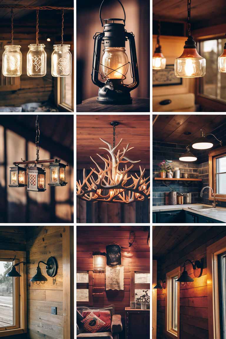 A collection of rustic lighting options in a tiny house setting. A mason jar pendant lights, a vintage lantern, an antler chandelier, and iron wall sconces. 