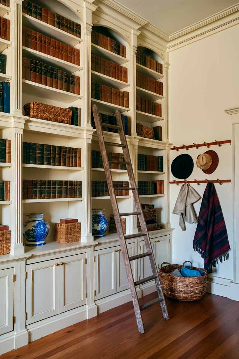 A colonial-style room with floor-to-ceiling built-in bookcases painted in a creamy white. The shelves are filled with leather-bound books, blue and white porcelain pieces, and woven baskets. A rolling ladder leans against the shelves. To the side, a wall with wooden peg rails holds hats, cloaks, and a woven market basket.