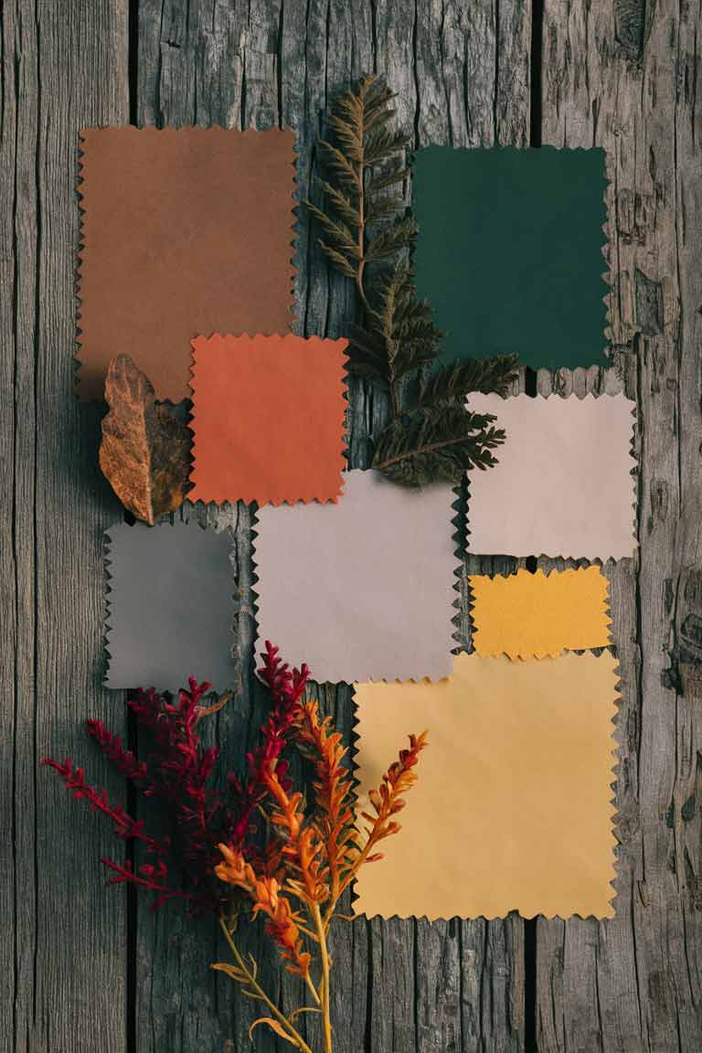 A color palette board showcasing rustic tiny house bedroom colors. The board features swatches of earthy browns, forest greens, warm oranges, soft beiges, cool grays, and pops of deep red and golden yellow. The swatches are arranged artfully against a weathered wood background.