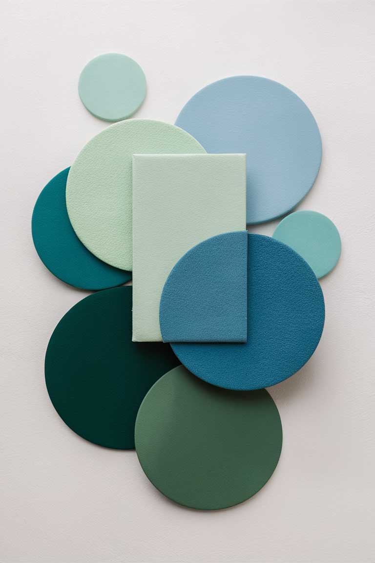 A color palette swatch showcasing soft mint green, sky blue, teal, and forest green, arranged in a minimalist layout against a white background.