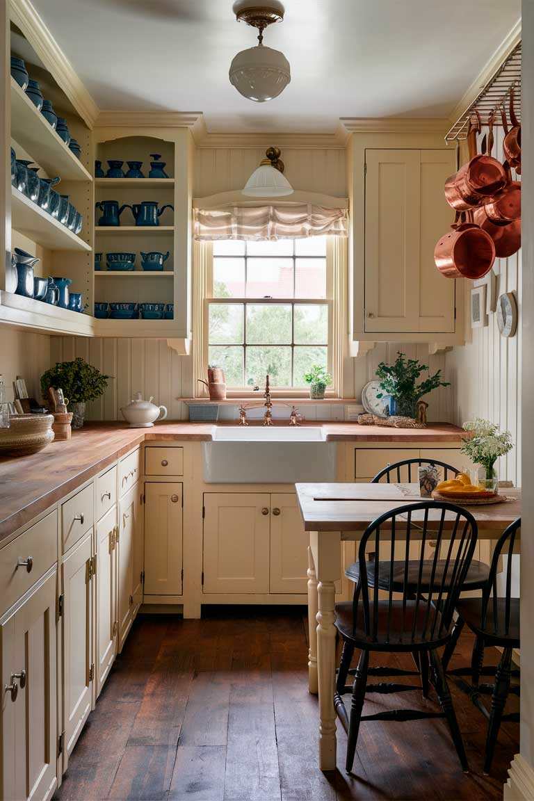 A compact colonial-style kitchen with cream-colored cabinets and a butcher block countertop. Open shelving displays blue andwhite pottery. A small wooden table serves as both a prep area and dining space, with two Windsor chairs tucked underneath. Copper pots hang from a rack above, and a window over a farmhouse sink lets in natural light.