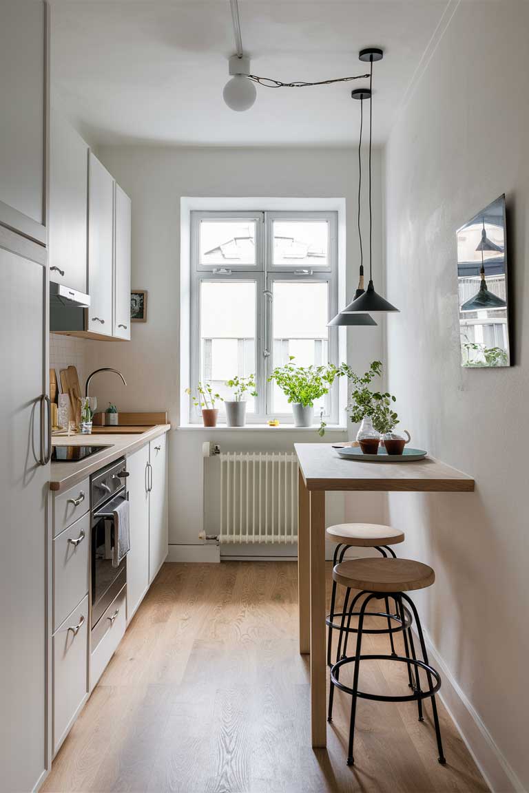 A compact Scandinavian kitchen with white cabinets, a light wood countertop, and a narrow island with a pair of minimalist stools. Simple pendant lighting and potted herbs on the windowsill add finishing touches.