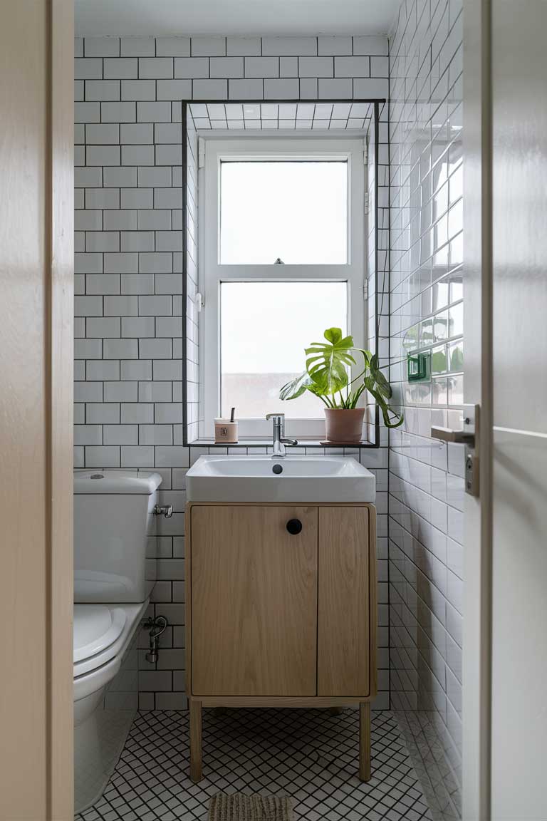 A compact Scandinavian-style bathroom with white subway tile walls, a light wood vanity, and a minimalist sink and faucet. A large window provides ample natural light, and a potted plant adds a touch of greenery.