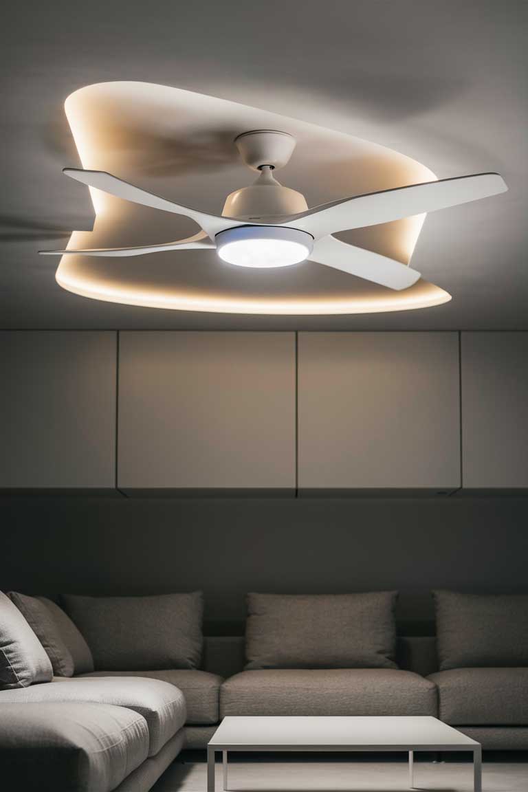 A minimalist living room with a white ceiling fan featuring integrated LED lighting. The fan is sleek and modern, blending seamlessly into the ceiling, and the room is furnished with a low, gray sofa and a white coffee table.