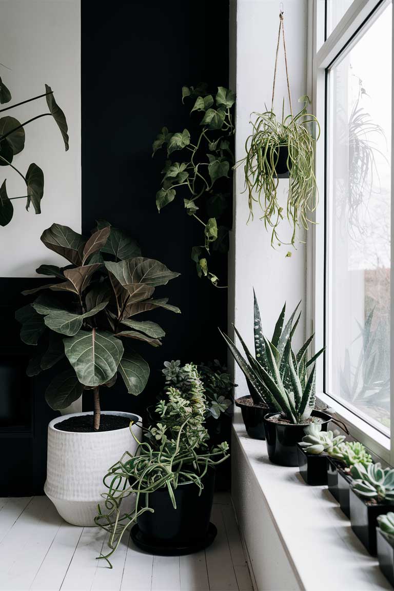 A corner of a black and white minimalist living room showcasing various plants.