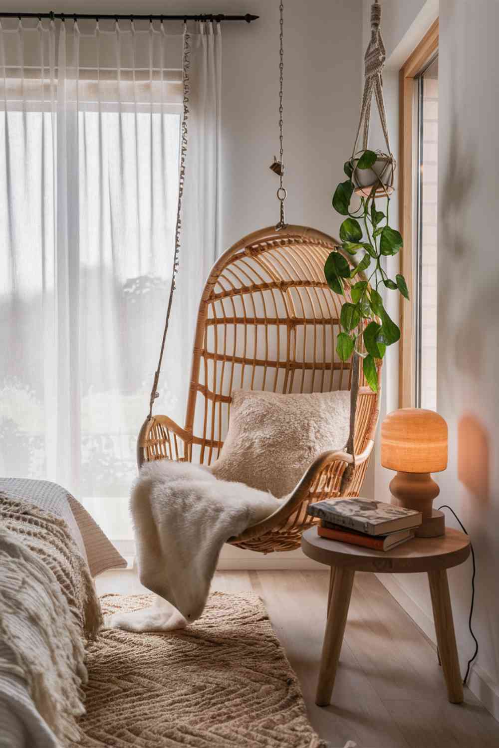 A corner of a minimalist boho bedroom with a reading nook. There's a hanging rattan chair with a fluffy cream cushion and a small sheepskin throw. Next to it is a simple wooden side table with a ceramic table lamp and a small stack of books. A macramé plant hanger with a trailing plant hangs nearby, adding a touch of greenery to the space.