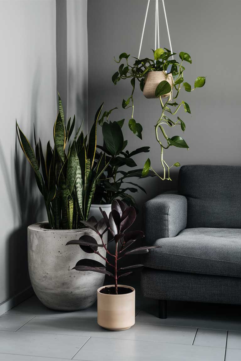 A corner of a gray minimalist living room featuring a curated collection of plants. A tall Snake Plant stands in a large concrete planter on the floor, while a Rubber Plant with glossy leaves sits on a sleek side table in a simple white pot. A hanging planter with a trailing Pothos plant is suspended from the ceiling. The gray couch is visible in the background, and the plants add a vibrant touch of green to the neutral space.