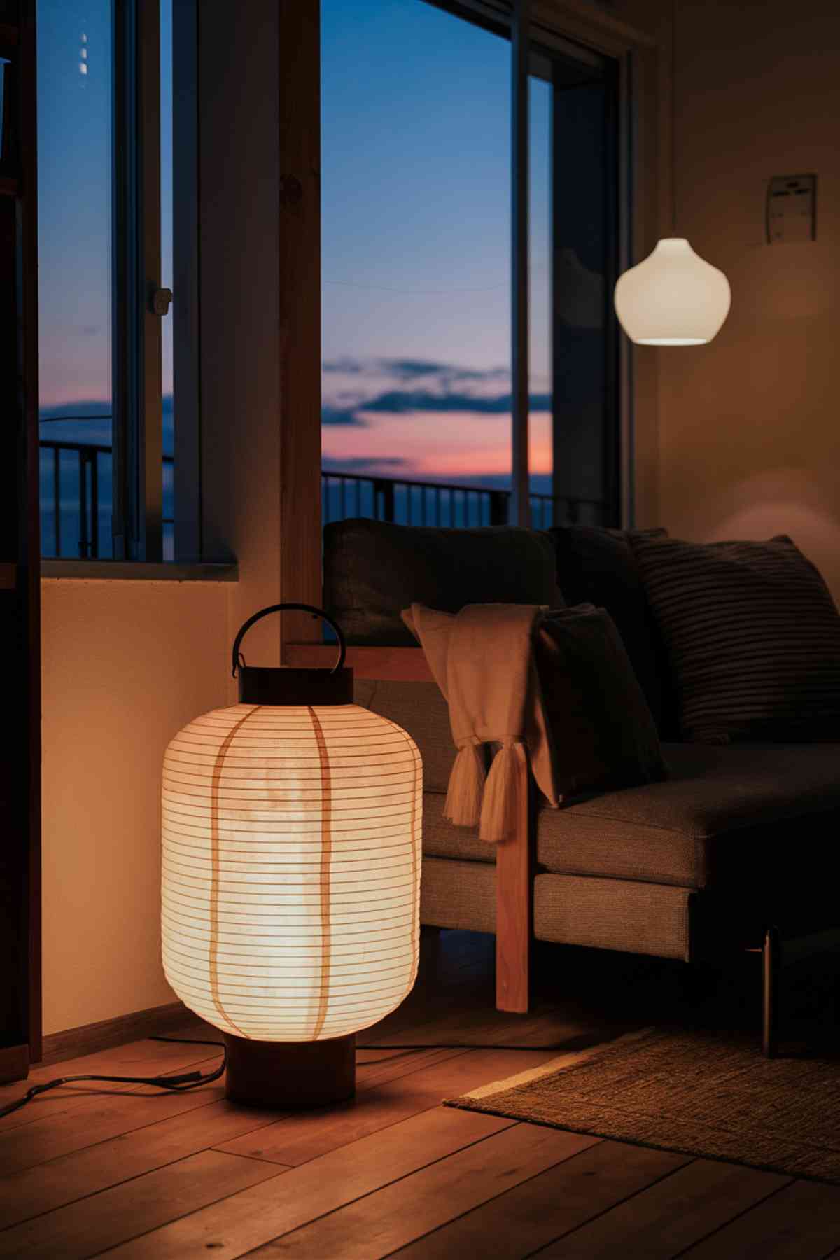 A corner of a Japandi living room at dusk, featuring a paper lantern floor lamp casting a warm glow. It includes a simple, minimalist pendant light in the background to show different lighting options.