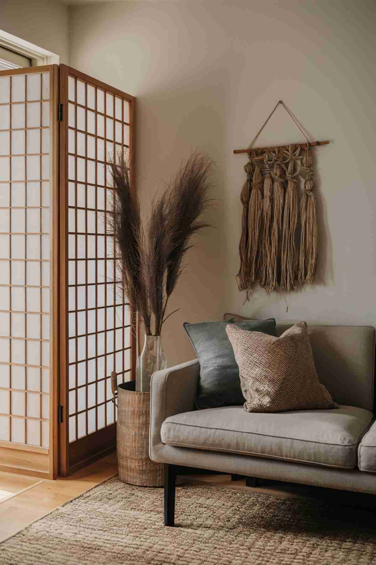 A corner of a Japandi living room showing a shoji screen used as a room divider. Next to it natural fiber wall hanging to demonstrate how to incorporate traditional Japanese elements into the space.