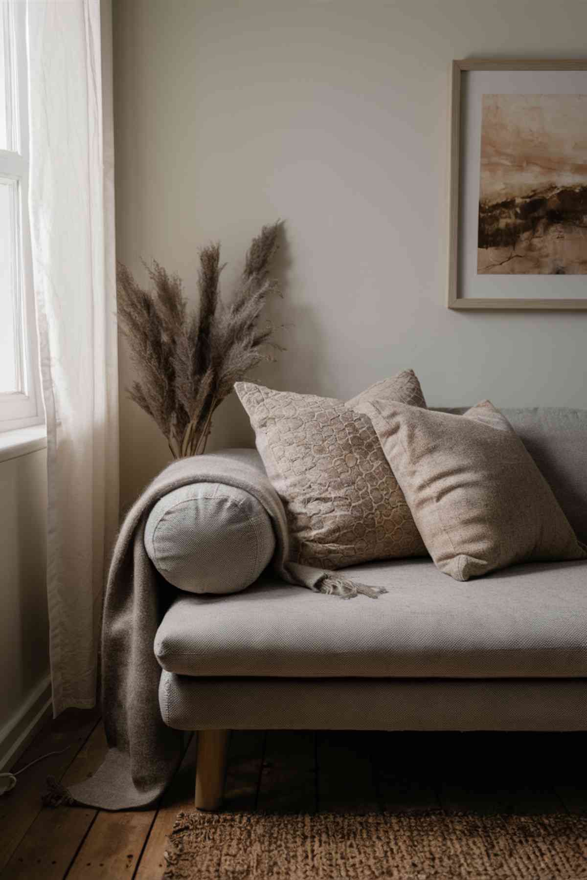 A corner of a Japandi sofa with a soft wool throw blanket in a neutral tone draped over the arm. It includes a few cushions in subtle, earthy patterns arranged on the sofa to show how to add texture and interest while maintaining the minimalist aesthetic.