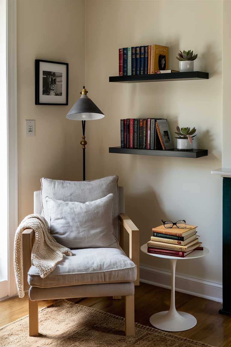 A corner of a living room with a comfortable reading chair in natural linen. Next to it, a small side table holds a neat stack of books with interesting spines, topped with a pair of vintage reading glasses. A floor lamp with a simple design provides light. On the wall, floating shelves display a few carefully chosen books face-out, interspersed with small potted succulents and a framed photograph. A hand-knitted throw is draped over the arm of the chair.