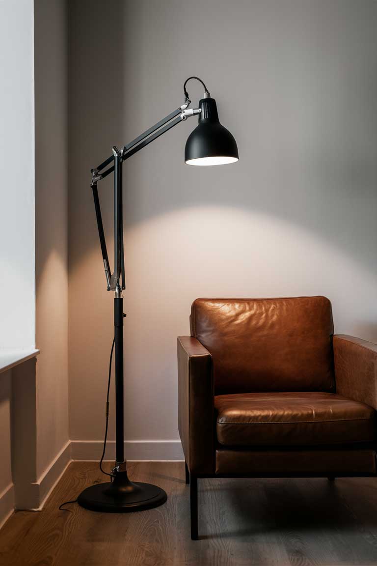 A corner of a minimalist living room featuring a tall, black industrial-style floor lamp with an adjustable arm.