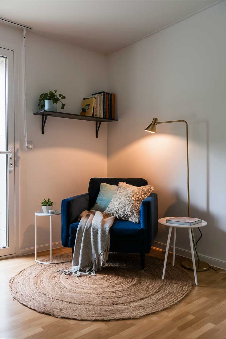 A corner of a minimalist living room. A navy blue velvet armchair sits at an angle, accompanied by a small white side table and a slim gold floor lamp. A light gray throw blanket is draped over the chair, and a few textured throw pillows in shades of cream and light blue add comfort. A round jute rug defines the space, and a floating shelf above holds a few books and a small plant. Warm light from the floor lamp creates a cozy atmosphere. The image showcases how to create a cozy, minimalist nook within a navy blue living room.