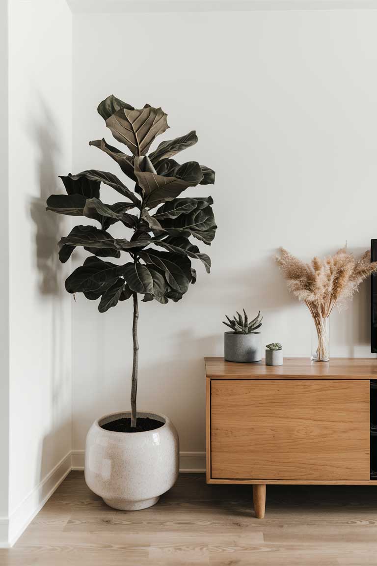 A corner of a minimalist living room featuring a large fiddle-leaf fig tree in a simple ceramic pot. The tree stands next to a clean-lined wooden sideboard, on which sit a few small potted succulents. A vase of dried pampas grass adds texture. The white walls and wooden floor provide a neutral backdrop that allows the plants to shine.