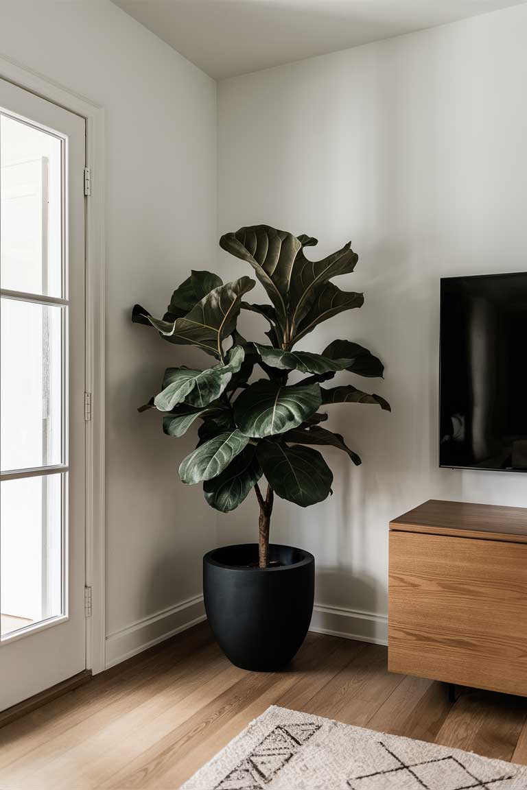 A corner of a minimalist living room featuring a large, statement fiddle leaf fig plant in a simple black pot.