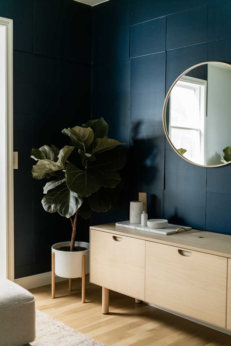 A corner of a minimalist living room with navy blue walls. A large fiddle leaf fig plant in a simple white pot stands next to a light wood console table. On the table, a white marble tray holds a few minimalist decor items. Above the console, a round mirror with a thin wood frame reflects the room. The image showcases how natural elements can be incorporated into a minimalist navy blue living room.