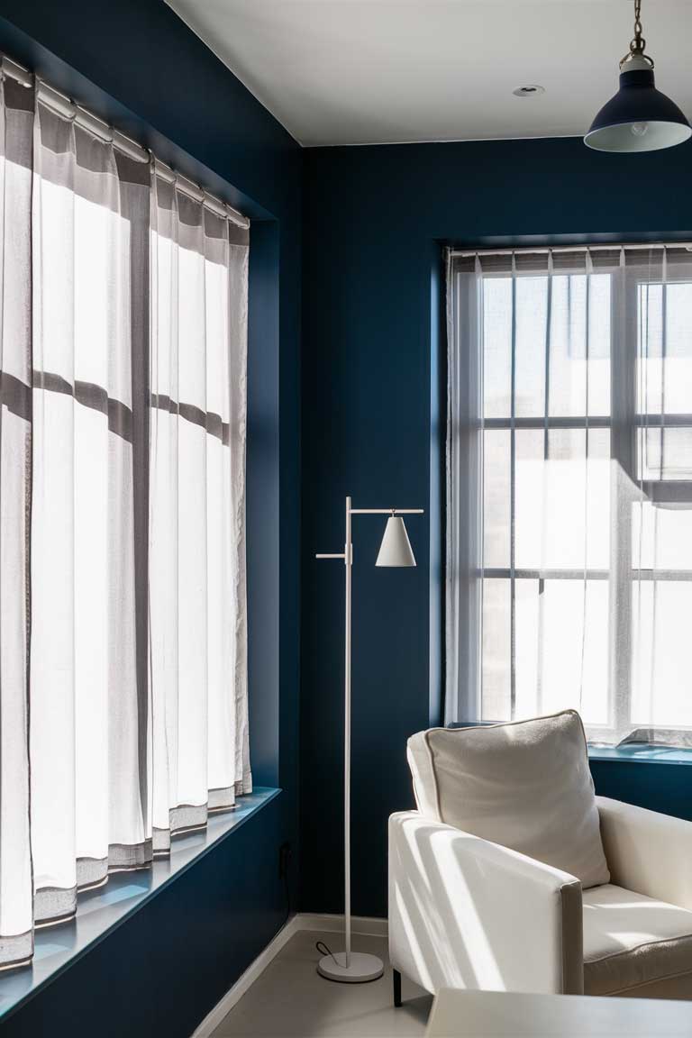 A corner of a minimalist living room with navy blue walls and large windows covered with sheer white curtains. Natural light streams in, illuminating the space. A modern floor lamp with a slim metal body and a simple white shade stands next to a white armchair. Above, a pendant light with a navy blue shade hangs from the ceiling. The image showcases the interplay of natural and artificial light in the navy blue space.