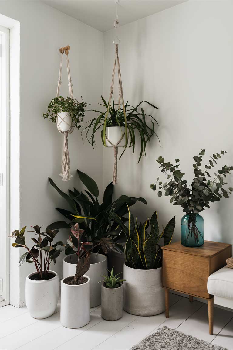 A corner of a minimalist living room with white walls featuring various potted plants in simple white or concrete planters. Include a hanging plant in a macrame hanger and a vase with eucalyptus branches on a wooden side table.