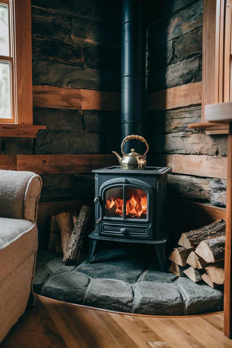 A corner of a rustic tiny house bedroom featuring a small, cast-iron wood-burning stove. The stove sits on a stone hearth, with a stack of firewood neatly arranged nearby. A kettle sits atop the stove, and a cozy armchair is positioned to enjoy the warmth.