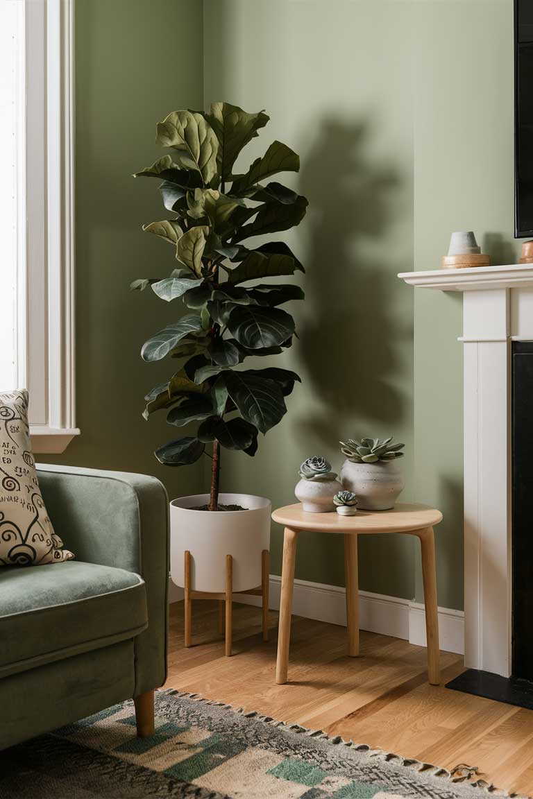 A corner of a sage green living room featuring a tall fiddle leaf fig plant in a simple white pot.