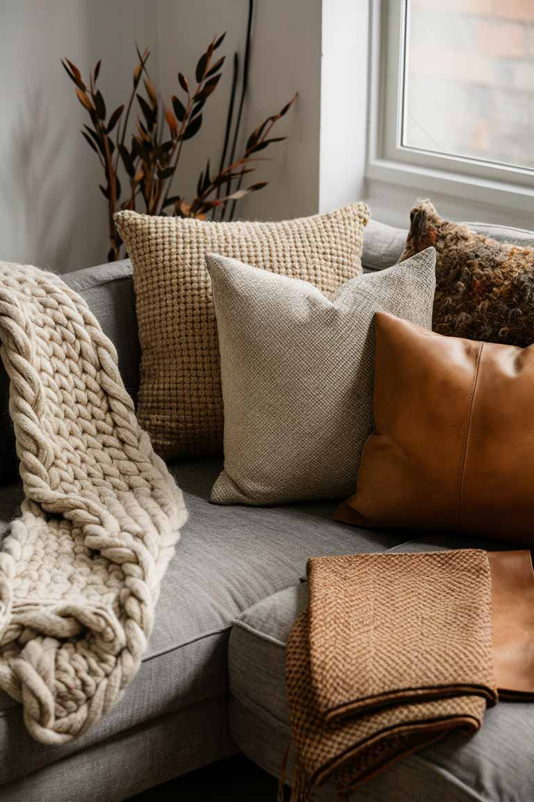 A corner of a sofa dressed in various tactile elements. A chunky knit wool throw in a natural cream color is draped over one arm. Several pillows showcase different organic textures - one in a nubby linen, another in a subtly patterned organic cotton, and a third in a smooth, buttery leather. A handwoven blanket with a simple geometric pattern in earth tones is folded nearby.