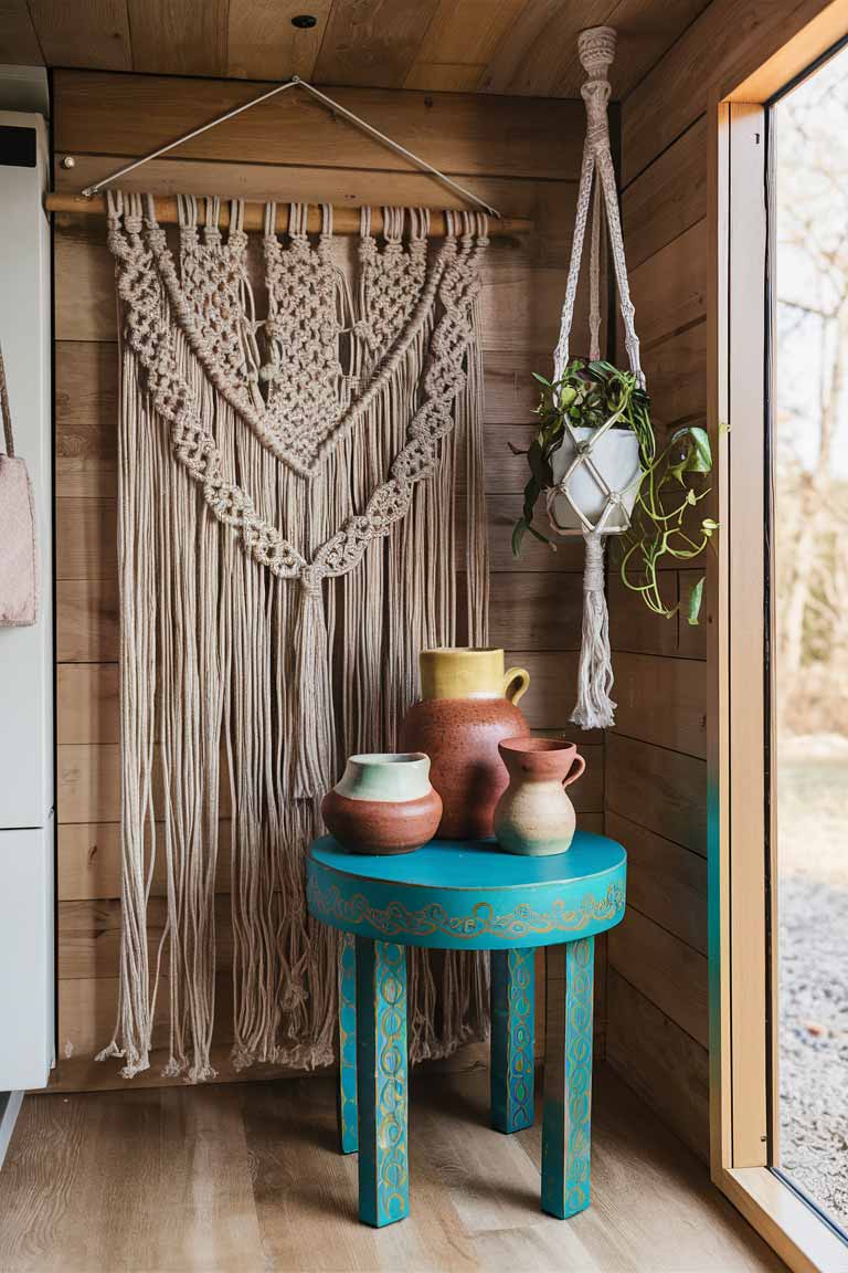 A corner of a tiny house showcasing DIY and handmade elements. A large macramé wall hanging serves as a backdrop to a small, hand-painted side table in a bright turquoise color with intricate gold patterns. On the table, a collection of handmade ceramics in earthy tones is displayed. A macramé plant hanger holding a trailing plant hangs from the ceiling, adding to the handcrafted boho vibe.