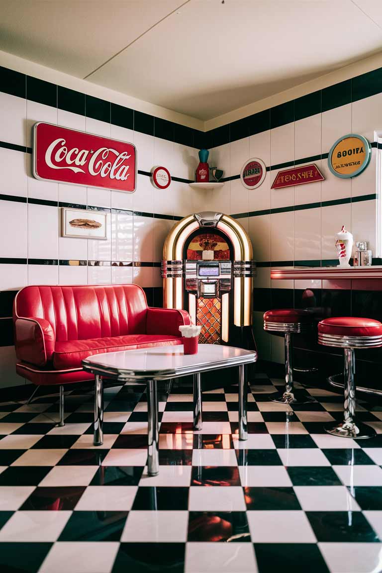 A 1950s retro diner-style tiny living room. The room has a black and white checkered floor, a red vinyl loveseat, and a chrome and Formica coffee table. On the wall, there's a vintage Coca-Cola sign, and in the corner, a small jukebox. Include a couple of retro diner-style barstools for additional seating. The photograph should be bright and cheerful, capturing the playful energy of a 1950s diner in a compact living space.