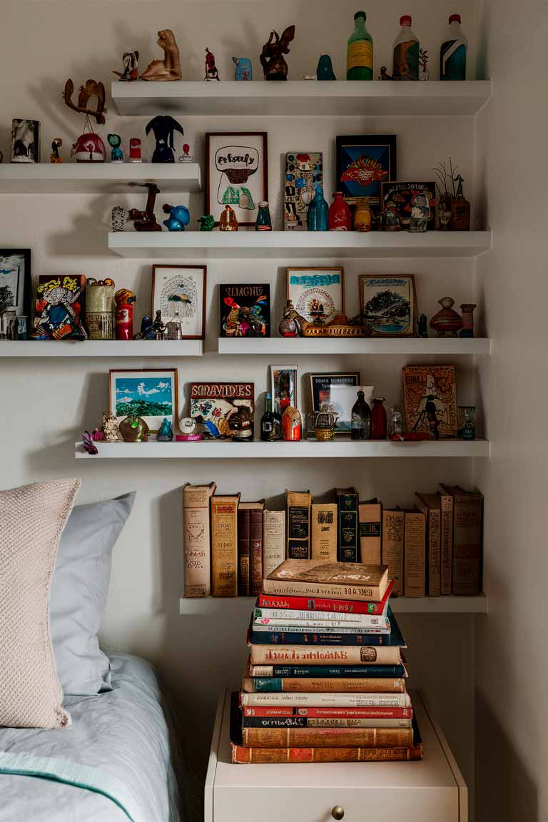 A wall in a tiny house bedroom with floating shelves displaying a curated collection of travel souvenirs, including small sculptures, colorful bottles, and framed postcards. On the bedside table, a stack of vintage books with beautifully worn covers serves as both decor and reading material.