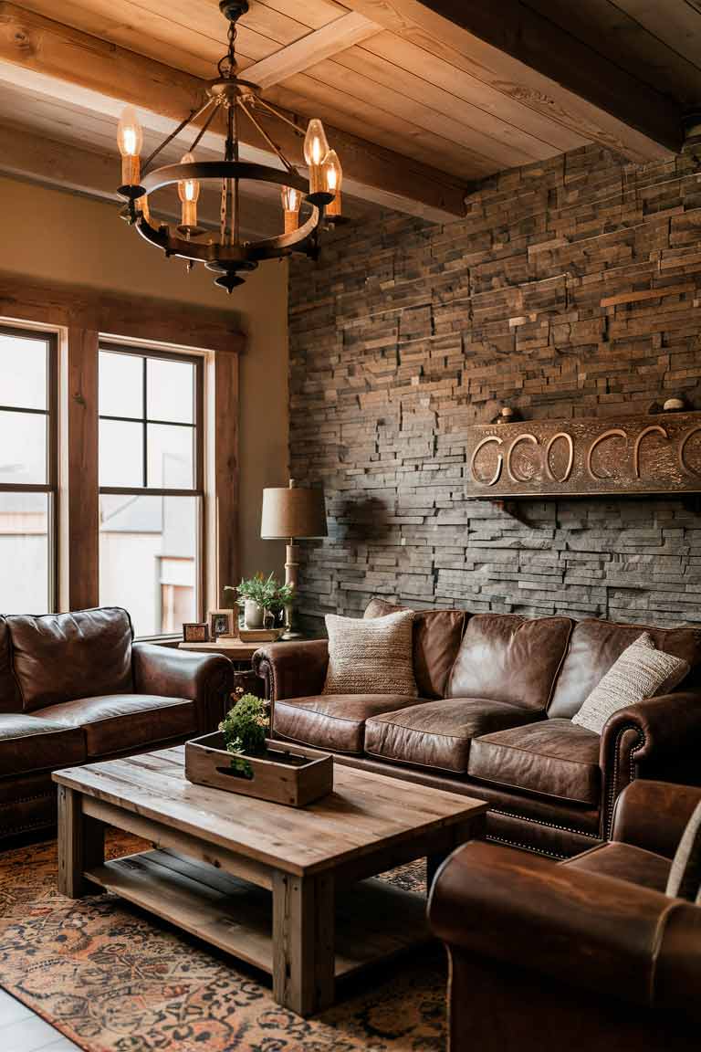 A small living room showcasing rustic elegance. Features a distressed brown leather sofa, a reclaimed wood coffee table, and an accent wall of stone veneer. A vintage chandelier with exposed bulbs hangs from the ceiling, casting a warm glow over the space.]