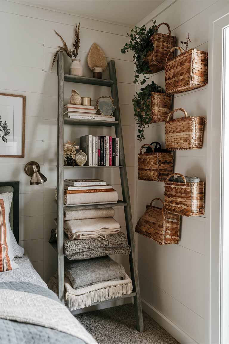 A corner of a tiny house bedroom featuring a tall ladder-style shelf leaning against the wall. The shelves hold a mix of folded blankets, books, and decorative objects. Next to it, several woven baskets are mounted on the wall at different heights, holding small plants and miscellaneous items.