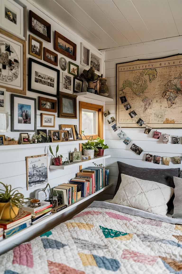 A tiny house bedroom filled with personal touches. A small gallery wall displays a mix of framed photos, artwork, and a vintage map. On a narrow floating shelf, there's a collection of small plants, a few favorite books, and some meaningful trinkets. The bedding features a handmade quilt. A string of photos or postcards is clipped to a line above the bed. The space feels lived-in, personal, and full of character.