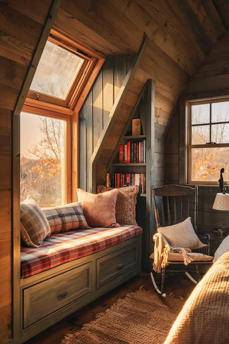 A rustic tiny house bedroom corner featuring a small window seat with a plaid cushion and throw pillows. The seat lifts to reveal hidden storage. A small wooden bookshelf is built into the wall next to the seat, and a warm throw blanket is draped over the back of a petite rocking chair nearby.