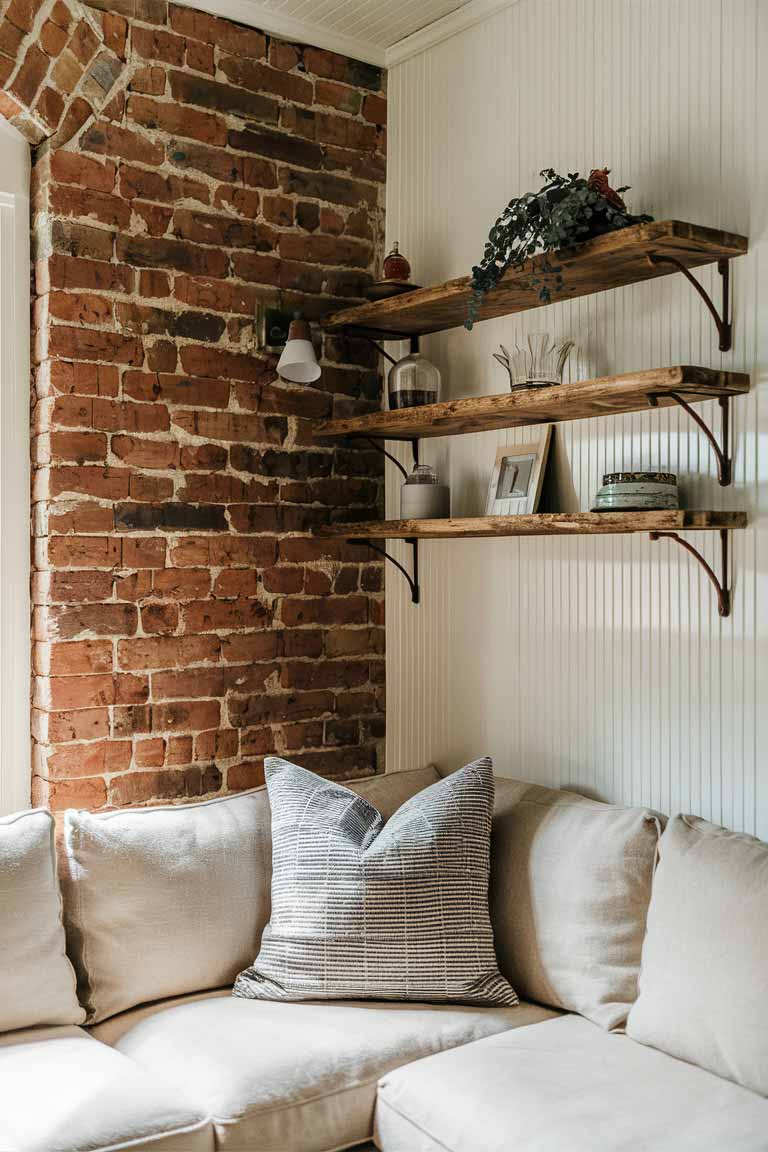 A corner of a rustic tiny living room showcasing different wall treatments. One wall features a portion of exposed brick, while adjacent to it is a wall with white-painted beadboard. The contrast between the two textures adds depth and interest to the small space. A small wooden shelf with a few rustic decorative items bridges the two wall treatments.