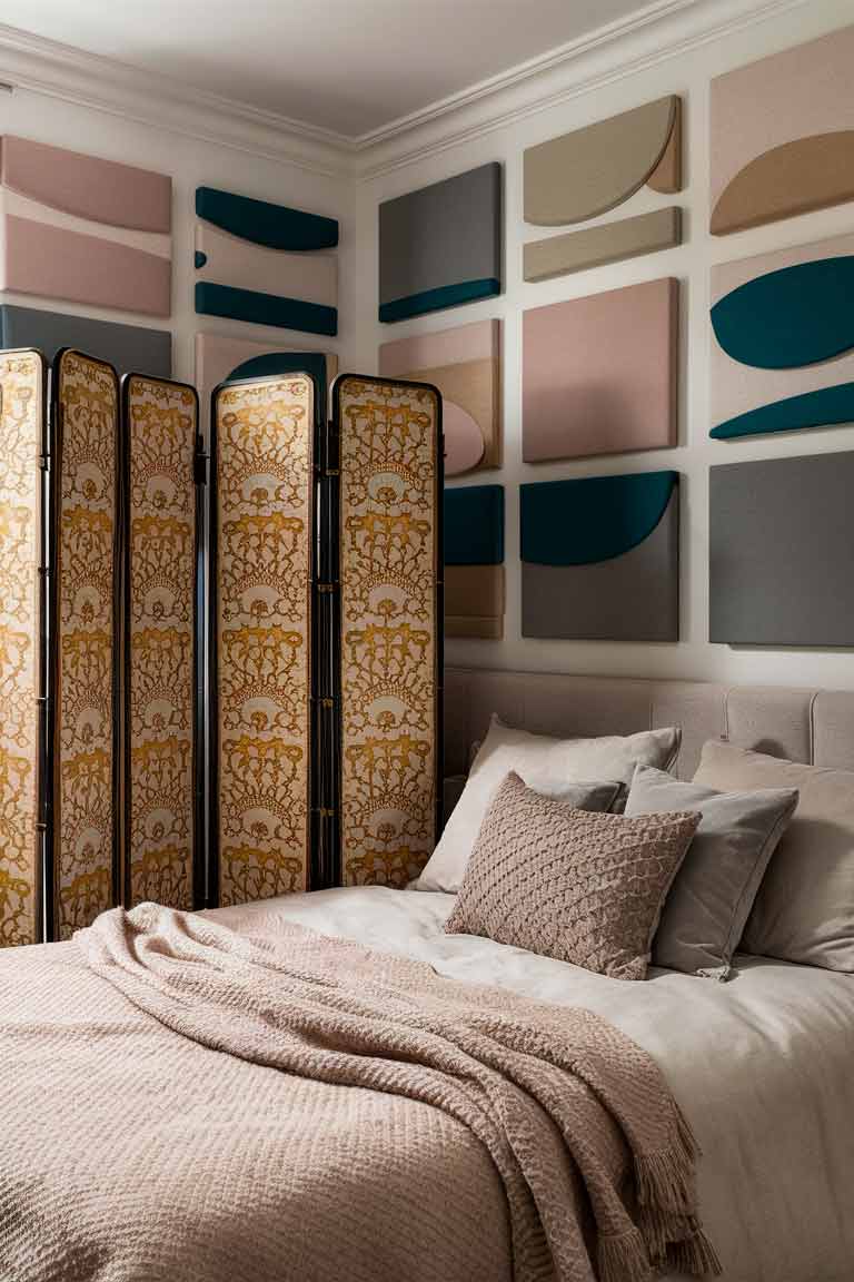 A smallbedroom with clever privacy and sound management solutions. A decorative folding screen partially separates the sleeping area from the rest of the space. What appears to be abstract wall art is actually sound-absorbing panels in complementary colors.