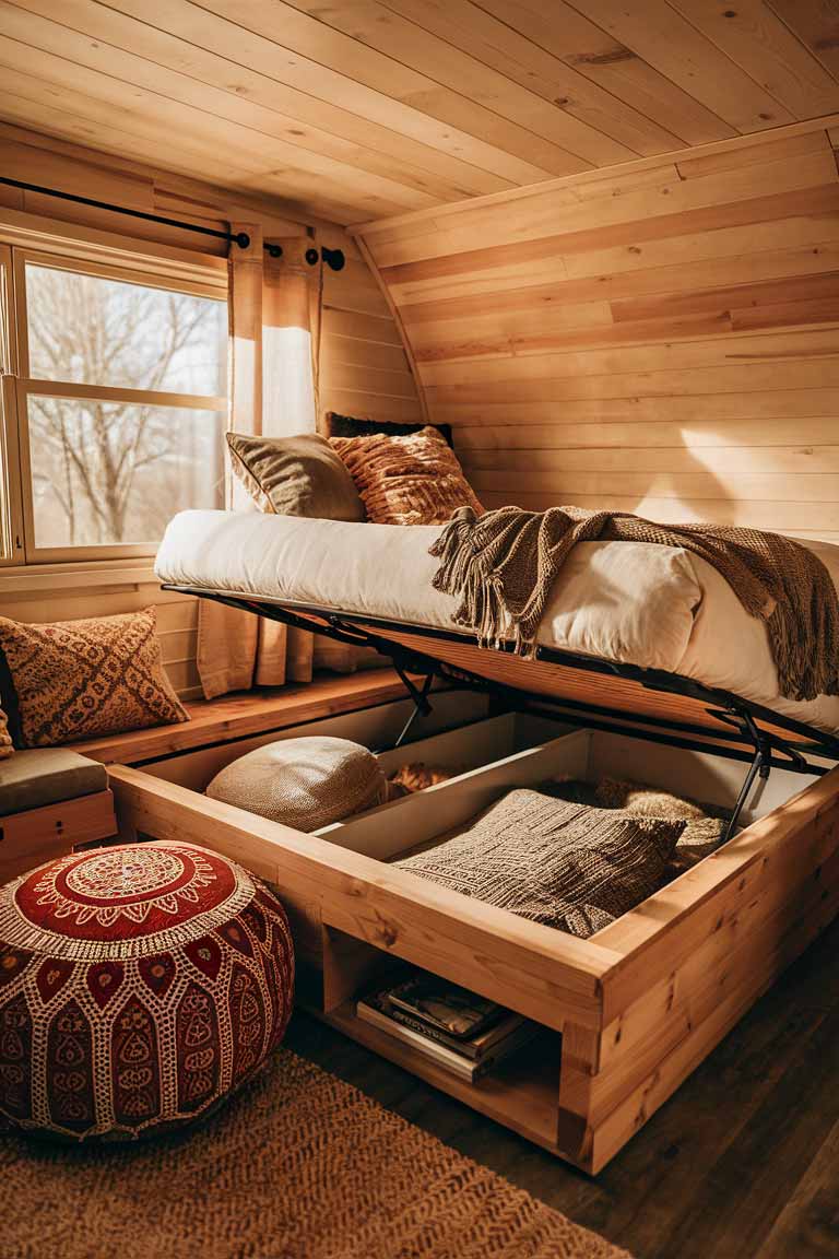 A tiny house bedroom with a wooden platform bed. One side of the bed is pulled up, revealing a large storage compartment underneath the mattress. Next to the bed, a bohemian-style pouf with a removable top shows additional hidden storage inside.