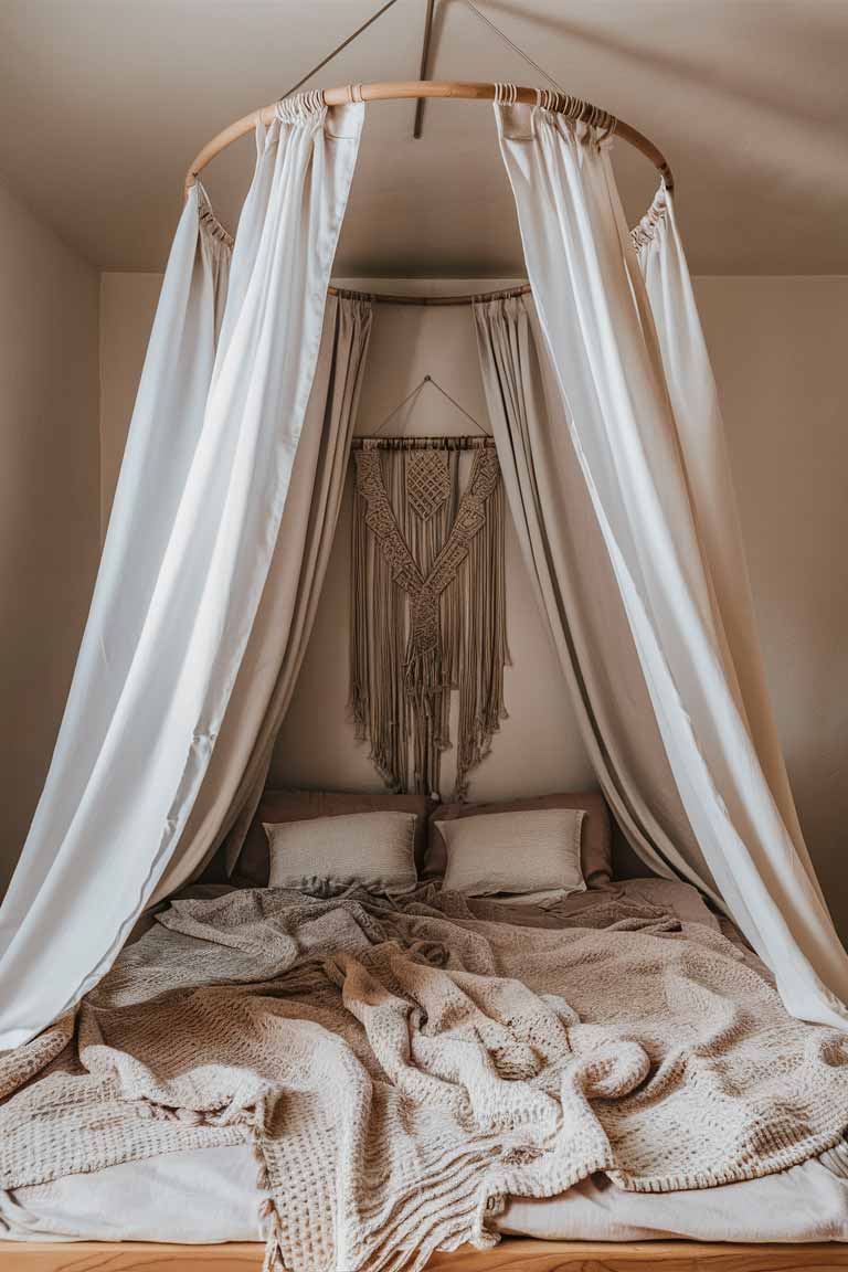 A tiny house bedroom with a low wooden bed frame. Above the bed, a circular hoop suspended from the ceiling holds flowy white curtains that drape around the bed, creating a dreamy canopy effect. A macramé wall hanging above the headboard completes the boho look.