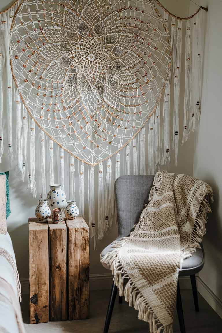 A corner of a tiny house bedroom featuring a large, intricate dreamcatcher hanging from the ceiling. Below it, a small side table made from reclaimed wood holds a collection of handmade ceramic pieces. A chair in the corner is draped with a handwoven blanket, emphasizing the handmade, sustainable theme.