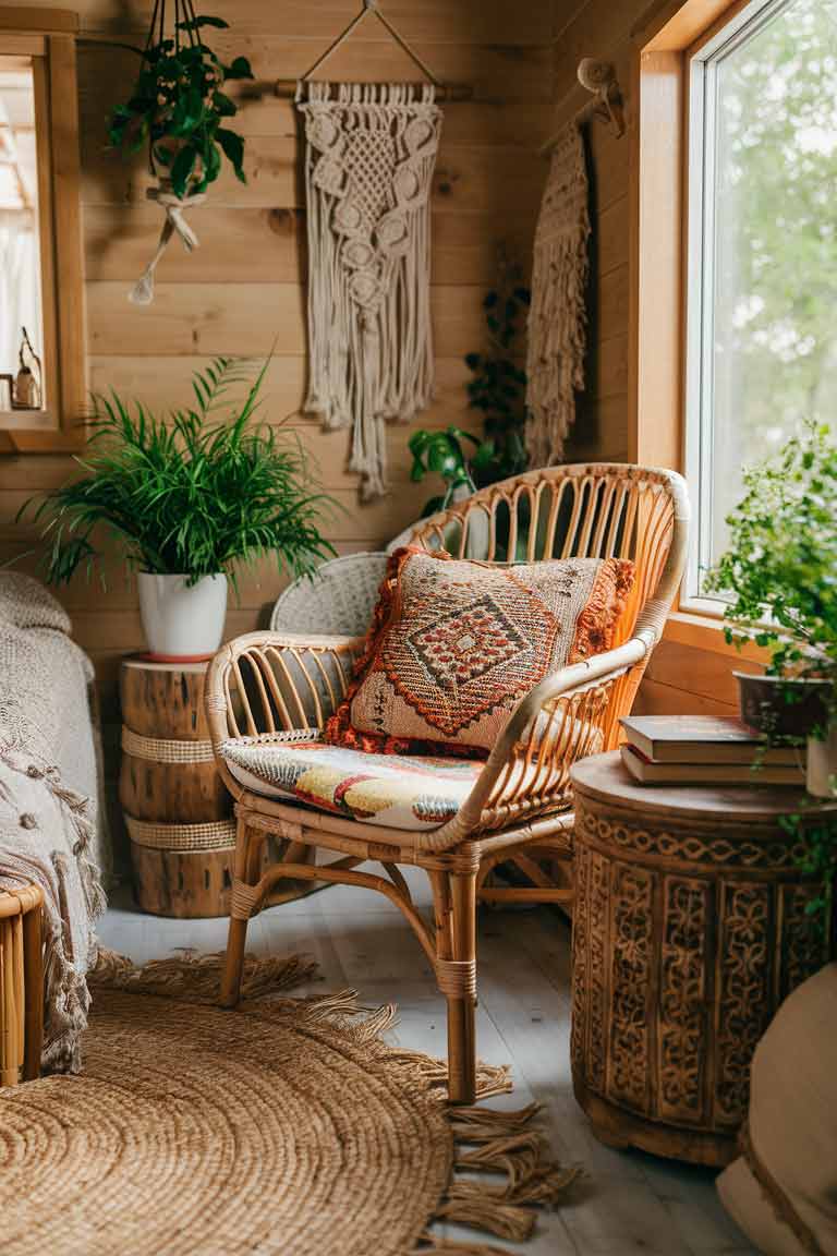 A close-up shot of a corner in a tiny house living room, showcasing various textures and materials. Includes a rattan chair with a colorful cushion, a jute rug, a wooden side table, and a macramé wall hanging. Some potted plants and books complete the boho look.