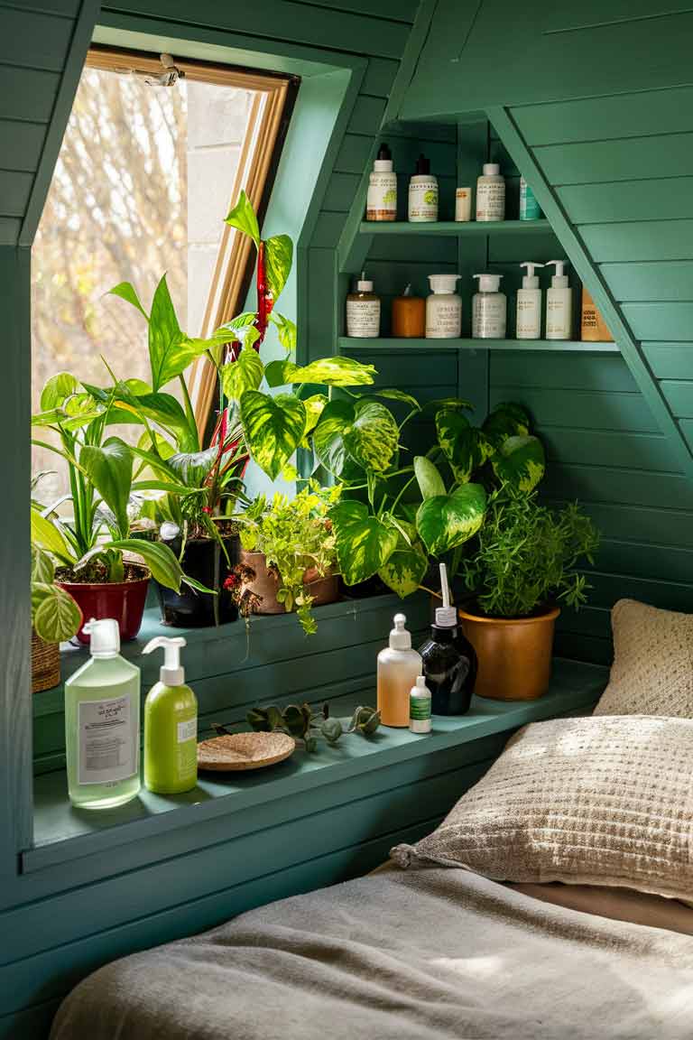 A tiny green bedroom showing practical maintenance. A small group of plants with similar needs sits on a sunny windowsill. Natural cleaning products are neatly arranged on a shelf, and a corner features interchangeable decor pieces for seasonal updates.