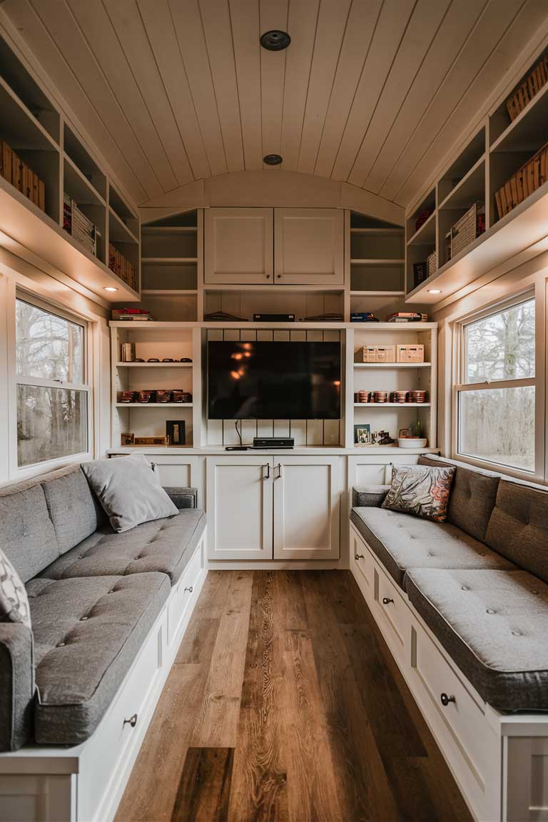 A tiny house living room with ingenious built-in storage solutions. One wall is entirely covered with custom floor-to-ceiling shelving units, painted to match the wall color. The TV is mounted in the center, surrounded by shelves and cabinets. Under the windows, built-in bench seating incorporates storage drawers underneath. The sofa has lift-up seats revealing hidden storage compartments.