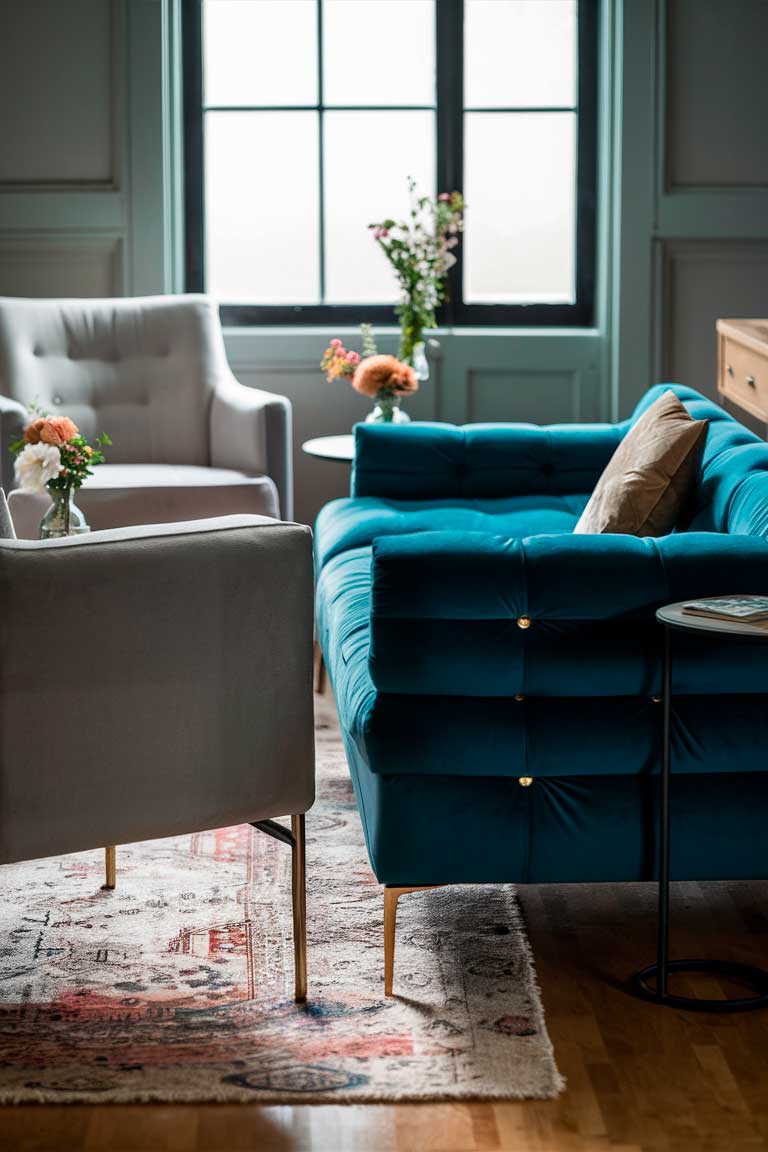 A small living room featuring a low-profile tufted velvet sofa in a deep blue color. The sofa has slim brass legs and is paired with a compact armchair in a complementary light grey. A small round side table sits between them, and a large window behind lets in plenty of natural light.